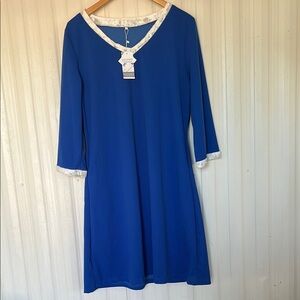 YITYFIFY‎ Blue Knit Pocketed Dress with White Lace Trim Womens XL